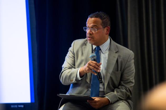  Minnesota Attorney General Keith Ellison speaks to States Newsroom leaders and reporters Wednesday, June 4, 2025 at the Royal Sonesta in downtown Minneapolis. (Nicole Neri/Minnesota Reformer)
