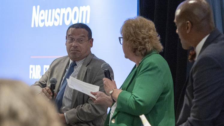 Minnesota Attorney General Keith Ellison answers questions during a June 4, 2025, interview with States Newsroom staff in Minneapolis. (Sherman Smith/Kansas Reflector)