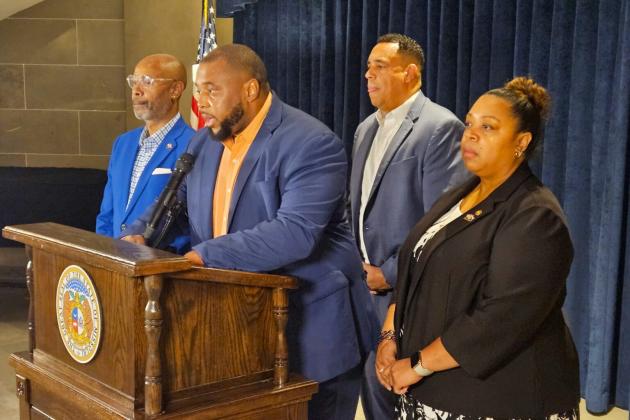 Assistant Missouri House Minority Leader Marlon Anderson of St. Louis speaks during a Thursday news conference on congressional redistricting. He was joined by, from left, state Reps. Michael Johnson, D-Kansas City, David Tyson Smith, D-Columbia, and Melissa Douglas, D-Kansas City. (Rudi Keller/Missouri Independent)