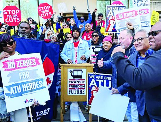 IRIS drivers and riders with Stand Up KC, ATU Local 1287 members, Sunrise Movement KC leaders, and community members rallied together against City Council’s proposal to suspend IRIS and weaken regional public transit. Photo courtesy of Missouri Workers Center