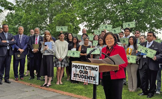 U.S. Sen. Mazie Hirono, a Hawaii Democrat, holds a press conference outside the U.S. Capitol in Washington, D.C., on April 22, 2026. (Photo by Shauneen Miranda/States Newsroom)