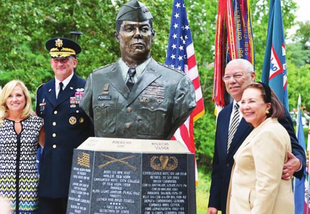 Former U.S. Secretary of State and former Chairman of the Joint Chiefs of Staff, retired Gen. Colin Powell (at right with wife, Alma), received a place of honor on the Circle of Firsts at the Buffalo Soldier Monument, in Fort Leavenworth, Kan. as his bust was unveiled. 2014 Archive photo/U.S. Army