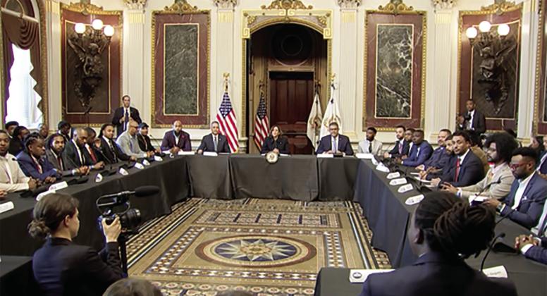 U.S. Vice President Kamala Harris (seated, center) and attendees at a “Young Men of Color Roundtable on Entrepreneurship” held Tuesday at The White House. courtesy photo