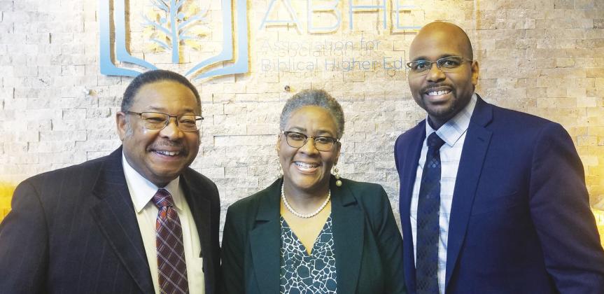 From left: Ronald Williams, Board Chair Emeritus, Teena Thomas, Accreditation Liaison, and Dr. Antoine Richardson, President, at the ABHE Conference in Orlando, Fla. RELATED STORY ON PAGE B1