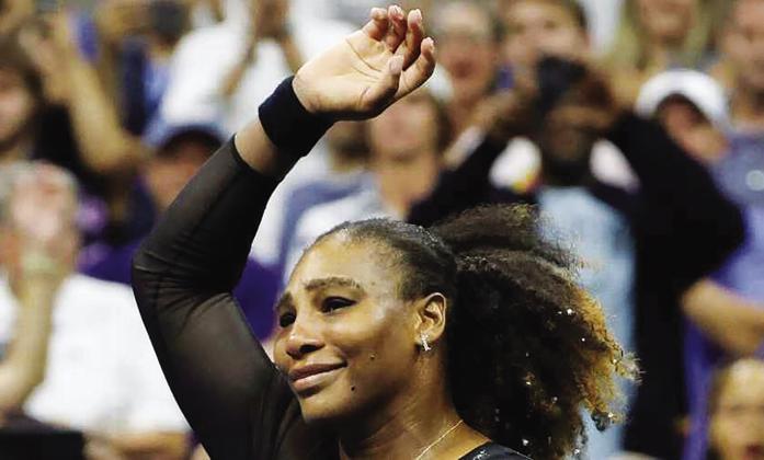 An emotional Serena Williams, 40, waves and thanks the fans following her loss in Round 3 of the US Open last Friday at Arthur Ashe Stadium in New York. She announced several weeks ago that she would “evolve” from the professional sport. ESPN reports that viewership of her final match broke records. Courtesy photo. RELATED STORY ON PAGE 2