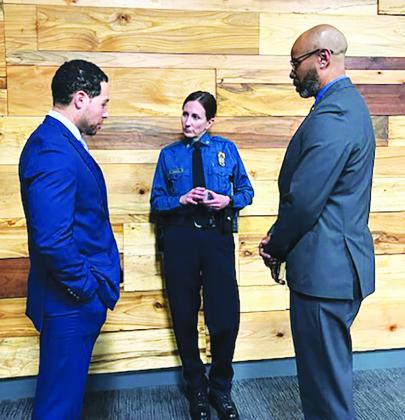 NEW KCPD CHIEF DISCUSSES PRIORITIES WITH LOCAL LEGISLATORS—Representative Michael Johnson and I speak with our new Kansas City Police Chief Stacey Graves about her priorities during a meet and greet Chief Graves hosted at the East Patrol Division with local legislators prior to the press conference urging people not to discharge their firearms on New Year’s Eve.