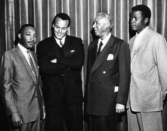 From left: Reverend Dr. Martin Luther King, Jr., Harry Belafonte, Asa Phillip Randolph and Sidney Poitier, circa 1960. photo/J.T. Vintage, Bridgeman images