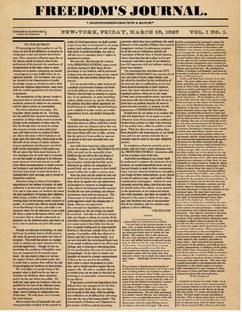 Shown here is a copy of the first Black newspaper, “Freedom’s Journal.” The four-column offering, created in New York City by John Russwurm and Samuel Cornish, was first published on March 16, 1827. ( Credit: Image courtesy of the Library of Congress)