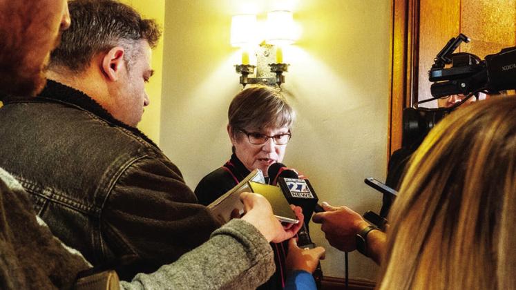 Gov. Laura Kelly speaks to reporters on Nov. 25, 2024, at her residence. photo/Anna Kaminski/ Kansas Reflector