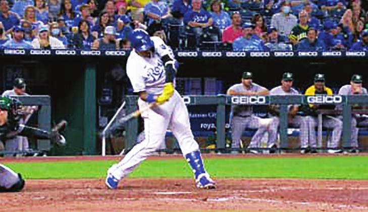 Salvador Perez on Wednesday, in the Royals v. A’s game, hits his 44th season home run. photo courtesy kcroyals.com