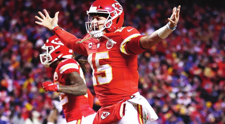 Chiefs quarterback Patrick Mahomes celebrates. After coming from behind to get in field goal range and tie the game in 13 seconds, a completed field goal in overtime ultimately sealed the Chiefs’ win. photo/getty images