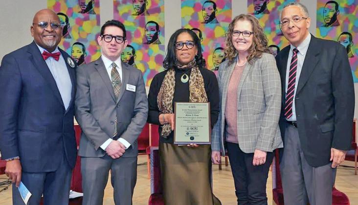 AWARDS PRESENTATIONS—From left: Dr. Vernon Howard, Joshua Goldberg JCRB|AJC, Mara Williams, Bennette Seaman, Lewis Diuguid (Photo/Samuel Jordon Images)