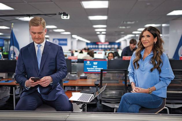 Noem sits for a television interview with Peter Doocy of Fox News at the Federal Emergency Management Agency headquarters in Washington, D.C., on Jan. 25, 2026. (Photo by Tia Dufour/DHS)