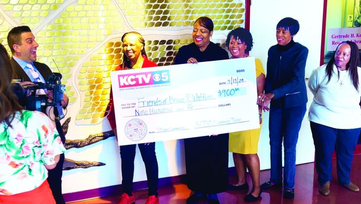 FRIENDS OF BRUCE R. WATKINS CULTURAL HERITAGE CENTER ORGANIZATION RECEIVES 3 DEGREE GUARANTEE DONATION OF $900 FROM KCTV5 —Shown from left: KCTV Anchor Julia Avery; Meteorologist Greg Bennett; Friends of Bruce R. Watkins Board President, Gayle Hill- Suber; Rev. Dr. Sharon Fisher; Denise Fields; Melba Curls; and Pamela Strozier. Hear more about this donation at KCTV-5.com.