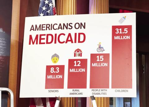 Medicaid sign at U.S. Senate Democrats’ press conference on Feb. 19 (Shauneen Miranda/States Newsroom).