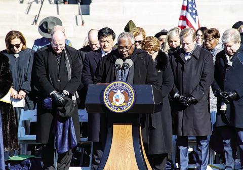 The Reverend John Modest Miles, senior pastor of Morning Star Missionary Baptist Church in KansasCity, Mo. delivers the benediction following Monday’s ceremony at the Missouri Capitol.