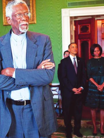 President Barack Obama and First Lady Michelle Obama wait in the Green Room of the White House with Sylvia Mendez and Bill Russell (left) as recipients of the 2010 Presidential Medal of Freedom are introduced in the East Room, Feb. 15, 2011. courtesy photo/file