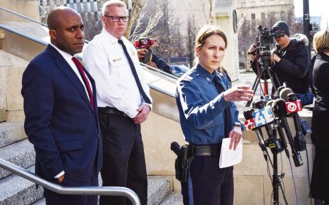 Kansas City Mayor Quinton Lucas, Interim Fire Chief Ross Grundyson and Police Chief Stacey Graves speak to the media on Feb. 15, 2024, about Wednesday’s shooting after the Kansas City Chiefs 2024 Super Bowl rally. courtesy Zach Perez/ KCUR 89.3