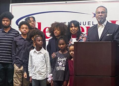 Surrounded by family, Rep. Emanuel Cleaver II thanked his supporters following his re-election Tuesday to the U.S. House of representatives, 5th District. photo/Rick Abel
