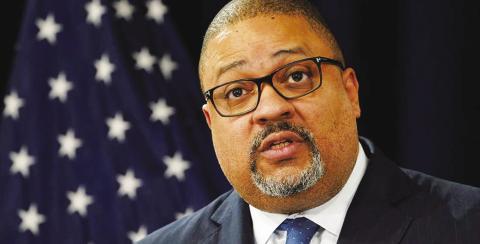Manhattan District Attorney Alvin Bragg speaks at a press conference after the arraignment of former President Donald Trump in New York on April 4. John Minchillo/AP