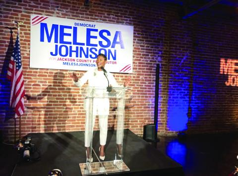 Melesa Johnson speaks to supporters after her victory. . Credit: Peggy Lowe / KCUR 89.3