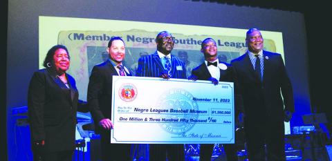 NLBM CHECK PRESENTATION FROM STATE OF MO-- From left: NLBM Board Member Betty Brown, Missouri State Representatives Mark Sharp, NLBM President Bob Kendrick, and Missouri State Representative Anthony T. Ealy Jr, NLBM Board Chairman Kevin Battle.