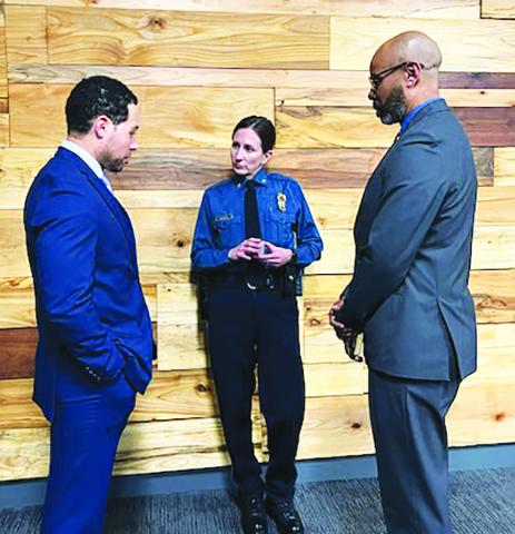 NEW KCPD CHIEF DISCUSSES PRIORITIES WITH LOCAL LEGISLATORS—Representative Michael Johnson and I speak with our new Kansas City Police Chief Stacey Graves about her priorities during a meet and greet Chief Graves hosted at the East Patrol Division with local legislators prior to the press conference urging people not to discharge their firearms on New Year’s Eve.