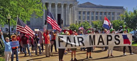 Supporters of a referendum on Missouri's gerrymandered redistricting map rally at the state Capitol Building Tuesday after the Missouri Supreme Court heard arguments on two cases involving the redistricting map. (Rudi Keller/Missouri Independent)