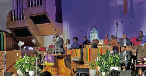 Rev. William H. Lamar IV, Metropolitan AME pastor, delivers the Black Press Sunday message on March 15. ( Credit: AFRO Photo / Alexis Taylor)