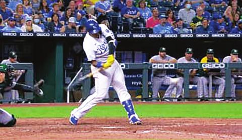 Salvador Perez on Wednesday, in the Royals v. A’s game, hits his 44th season home run. photo courtesy kcroyals.com