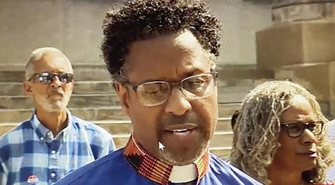 The Reverend Dr. Emanuel Cleaver, III speaks at a press conference in front of the Jackson County Courthouse. photo/screenshot