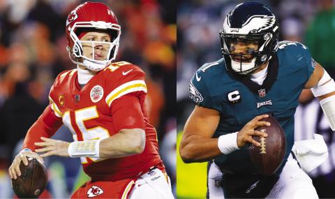 Chiefs QB Patrick Mahomes (left) and Eagles QB Jalen Hurts. courtesy photo
