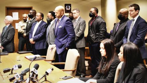Fired Memphis Police Department officers Tadarrius Bean, Demetrius Haley, Desmond Mills Jr., Emmitt Martin III and Justin Smith (wearing masks) face Shelby County Criminal Court Judge James Jones Jr. in connection with the death of Tyre D. Nichols. (Photo: Gary S. Whitlow/ GSW Enterprises/The New Tri-State Defender) RELATED STORY ON PAGE B4