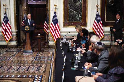President Joe Biden speaks during a roundtable with Jewish community leaders in the Indian Treaty Room of the Eisenhower Executive Office Building Oct. 11, 2023 in Washington, D.C. Biden spoke about U.S. support for Israel following the Hamas terrorist attacks (Drew Angerer/Getty Images).