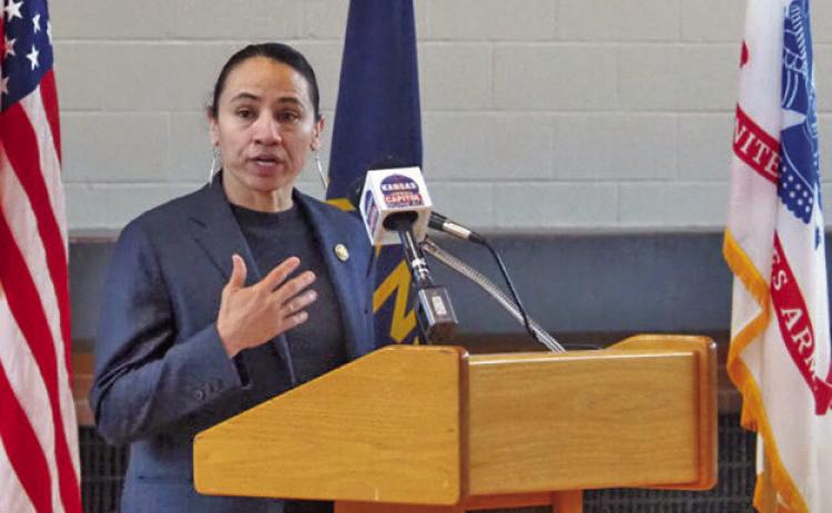 U.S. Rep. Sharice Davids, D-Kansas, shares appreciation for Kansans who are committed to preventing partisan gerrymandering of congressional districts to favor Republican candidates and serve the interests of President Donald Trump. This April 2026 image is of Davids at an event in Kansas City, Kansas. (Photo by Tim Carpenter/Kansas Reflector)