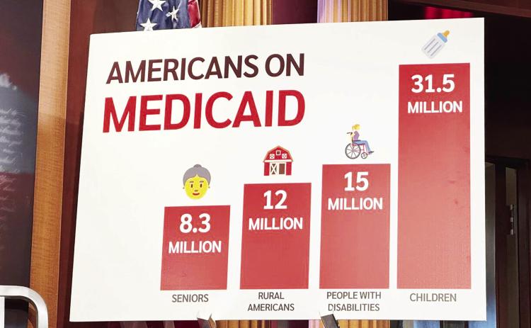 Medicaid sign at U.S. Senate Democrats’ press conference on Feb. 19 (Shauneen Miranda/States Newsroom).
