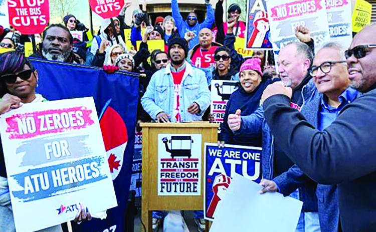 IRIS drivers and riders with Stand Up KC, ATU Local 1287 members, Sunrise Movement KC leaders, and community members rallied together against City Council’s proposal to suspend IRIS and weaken regional public transit. Photo courtesy of Missouri Workers Center