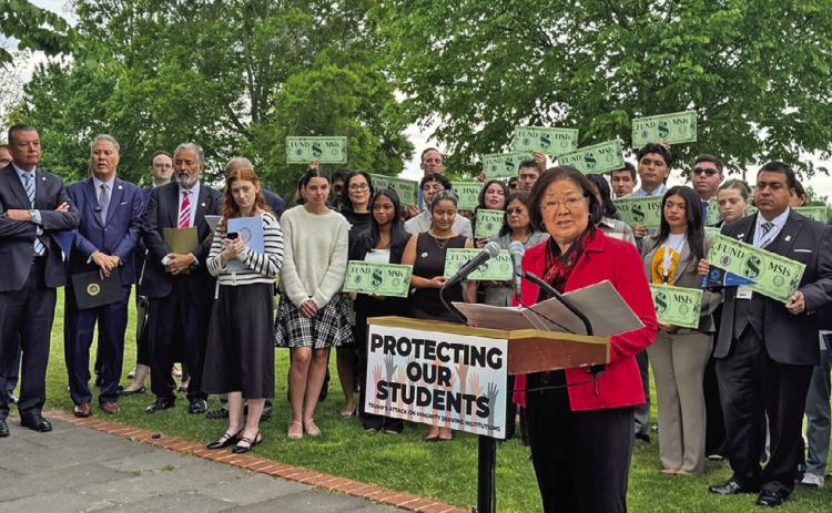 U.S. Sen. Mazie Hirono, a Hawaii Democrat, holds a press conference outside the U.S. Capitol in Washington, D.C., on April 22, 2026. (Photo by Shauneen Miranda/States Newsroom)