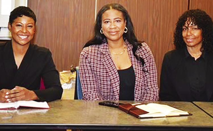 NEW KCMO AND JACKSON COUNTY LAW ENFORCEMENT OFFICIALS SPEAK AT SKCA MEETING—New high level KCMO and Jackson County law enforcement officials discussed their top strategies for improving public safety with area residents at the public meeting of the South Kansas City Alliance February 10 at the South Patrol Police Campus. Shown from left are Jackson County Prosecutor Melesa Johnson, KCMO Director of Public Safety Lace Cline and South Patrol Police Commander Major Kari Thompson.
