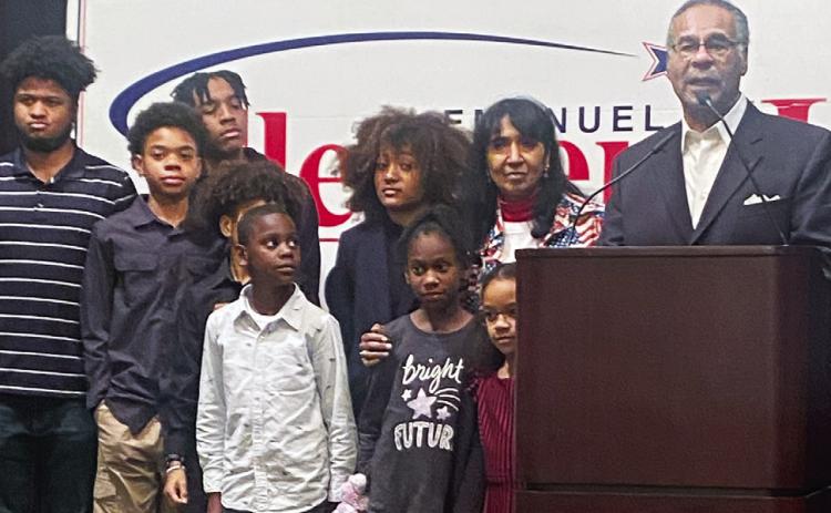 Surrounded by family, Rep. Emanuel Cleaver II thanked his supporters following his re-election Tuesday to the U.S. House of representatives, 5th District. photo/Rick Abel