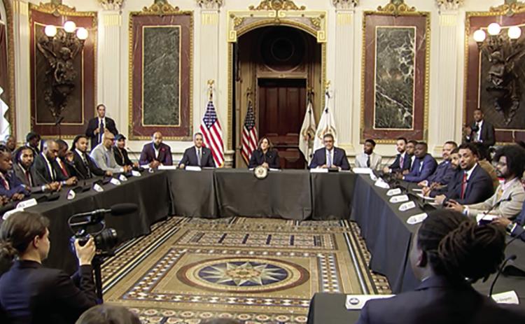 U.S. Vice President Kamala Harris (seated, center) and attendees at a “Young Men of Color Roundtable on Entrepreneurship” held Tuesday at The White House. courtesy photo