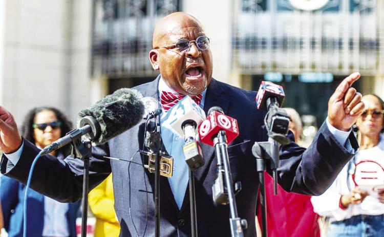 SCLC-KC President Dr. Vernon P. Howard, Jr. speaking at a rally for Ralph Yarl, 16, the black teen who was shot and critically injured in April, 2023 by an 84-year-old white north Kansas City man when Yarl knocked on his door, mistakenly having driven to the wrong house to pick up his younger brothers as instructed by his mom. Submitted photo/ SCLC