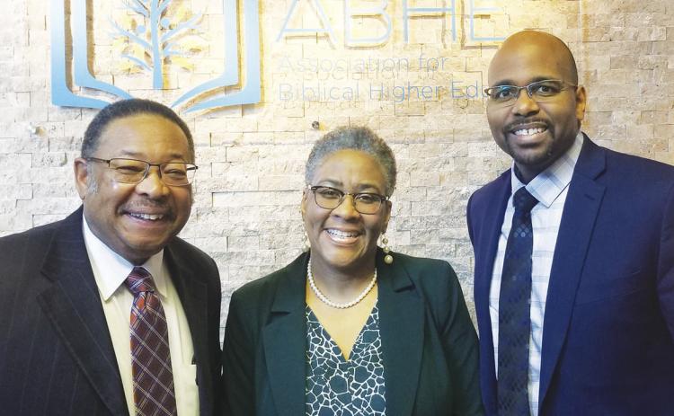 From left: Ronald Williams, Board Chair Emeritus, Teena Thomas, Accreditation Liaison, and Dr. Antoine Richardson, President, at the ABHE Conference in Orlando, Fla. RELATED STORY ON PAGE B1