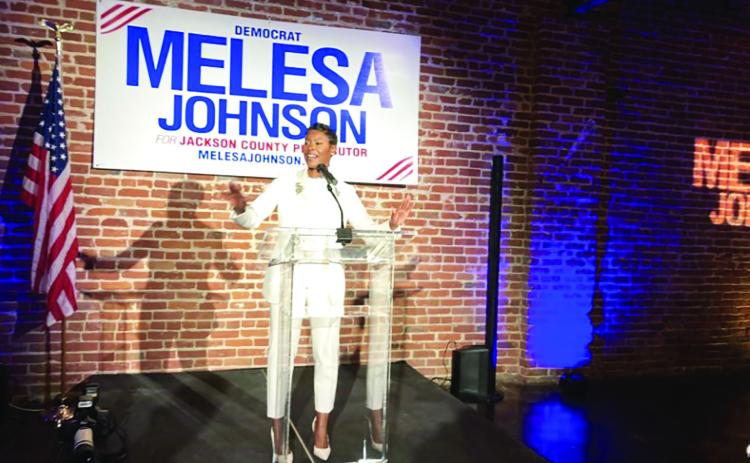 Melesa Johnson speaks to supporters after her victory. . Credit: Peggy Lowe / KCUR 89.3