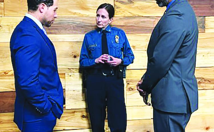 NEW KCPD CHIEF DISCUSSES PRIORITIES WITH LOCAL LEGISLATORS—Representative Michael Johnson and I speak with our new Kansas City Police Chief Stacey Graves about her priorities during a meet and greet Chief Graves hosted at the East Patrol Division with local legislators prior to the press conference urging people not to discharge their firearms on New Year’s Eve.