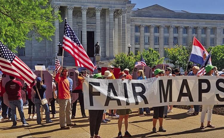 Supporters of a referendum on Missouri's gerrymandered redistricting map rally at the state Capitol Building Tuesday after the Missouri Supreme Court heard arguments on two cases involving the redistricting map. (Rudi Keller/Missouri Independent)