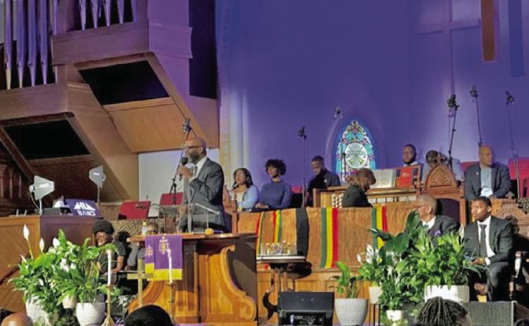 Rev. William H. Lamar IV, Metropolitan AME pastor, delivers the Black Press Sunday message on March 15. ( Credit: AFRO Photo / Alexis Taylor)