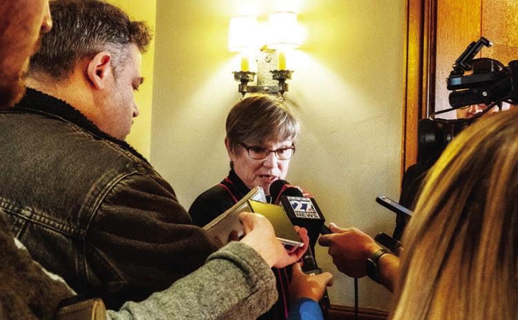 Gov. Laura Kelly speaks to reporters on Nov. 25, 2024, at her residence. photo/Anna Kaminski/ Kansas Reflector