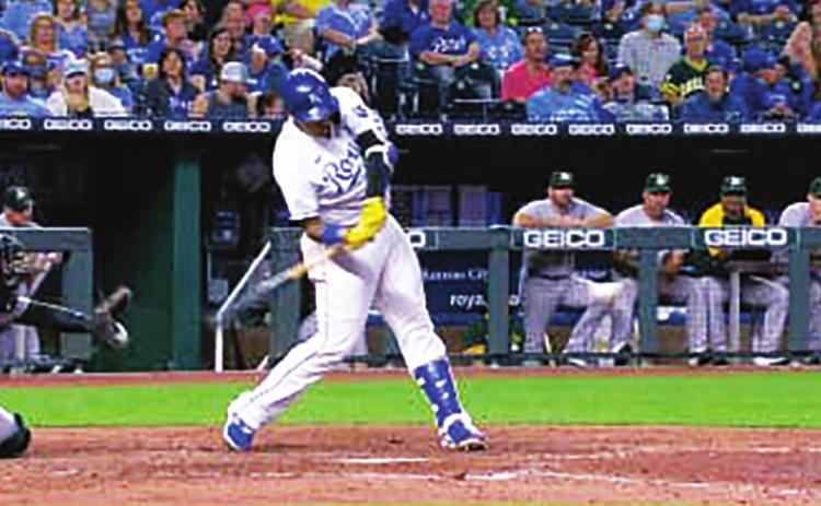Salvador Perez on Wednesday, in the Royals v. A’s game, hits his 44th season home run. photo courtesy kcroyals.com