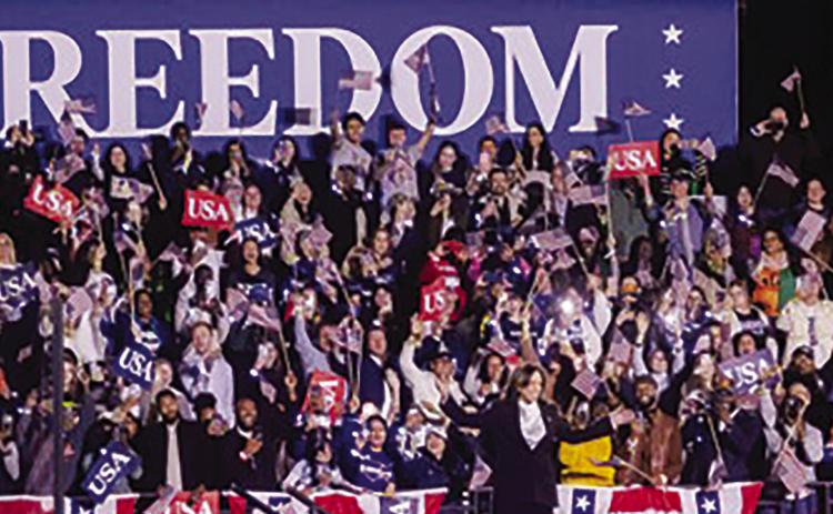 U.S. Vice President and Democratic Party Presidential Candidate Kamala Harris waves to the crowd of an estimated 75,000 supporters during “Closing Argument” remarks Tuesday at the Ellipse in Washington, D.C. Photo/Mark Mahoney @DreamInColor